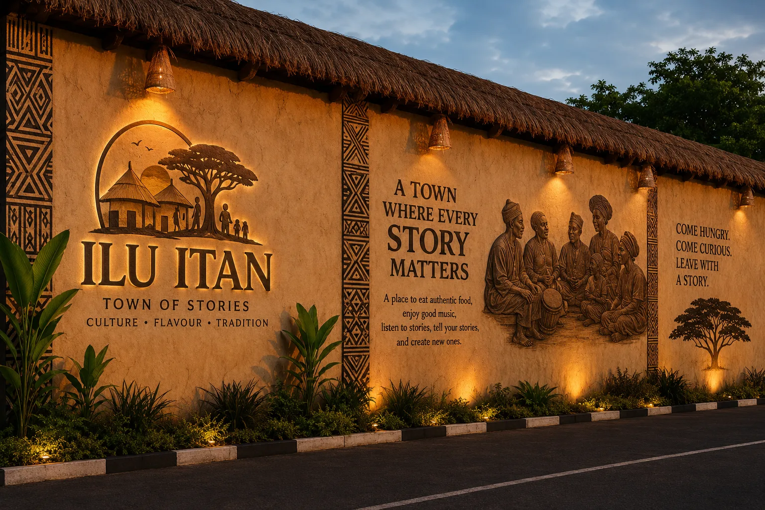 Carved mud-wall mural at the Ìlú Ìtàn entrance depicting village elders gathered in a storytelling circle