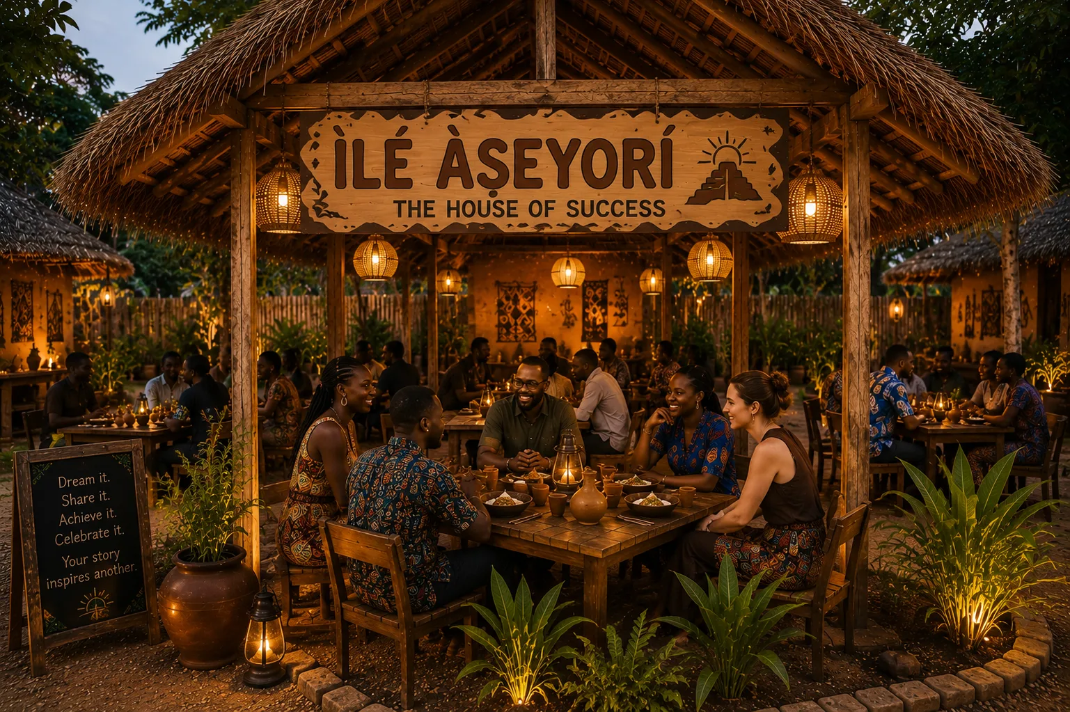 Ilé Àṣeyọrí — an elegant thatched dining space where the chalkboard reads 'Dream it. Share it. Achieve it. Celebrate it.'